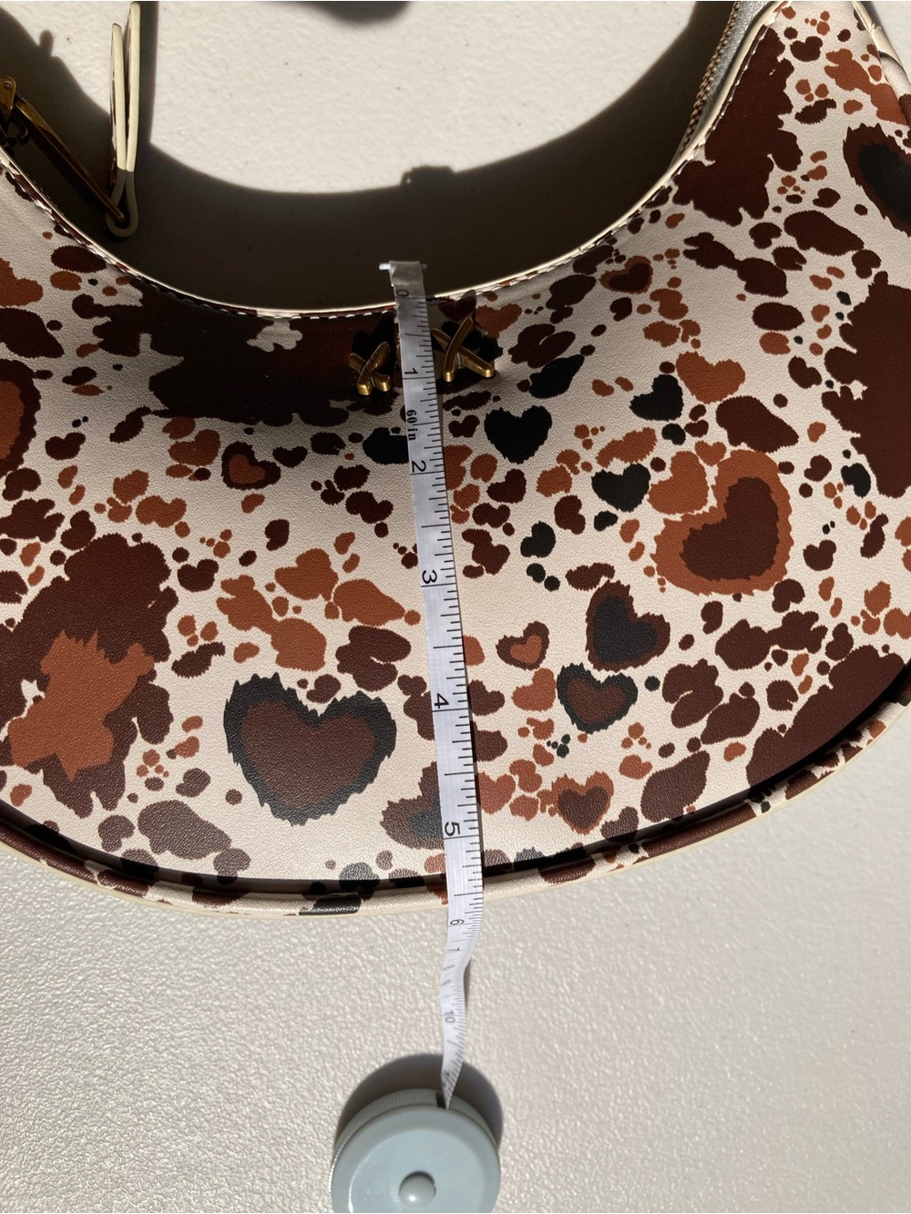 Betsey Johnson Crescent Shoulder Purse Brown White Cow Print Hearts Western - Picture 14 of 17